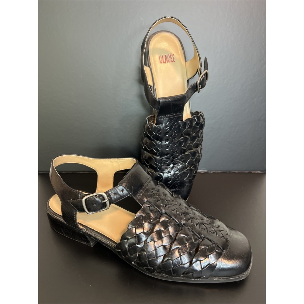 Glacée Freedom Black Shoes Braided Strap Sandals Size 7.5